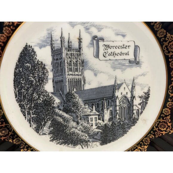 Decorative Plate  Worcester Cathedral Black Rim Gold Filigree 8” England - Picture 2 of 7
